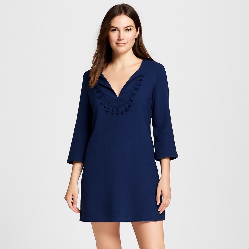 Merona Navy Blue Boho Tassel Tunic Dress Beach Cover Up Size Small